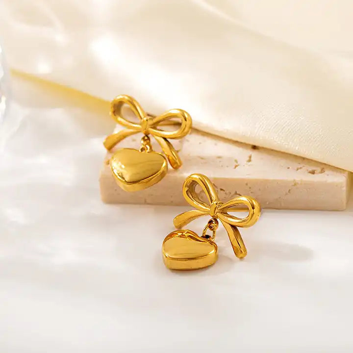 Bow and Heart Drop Earrings